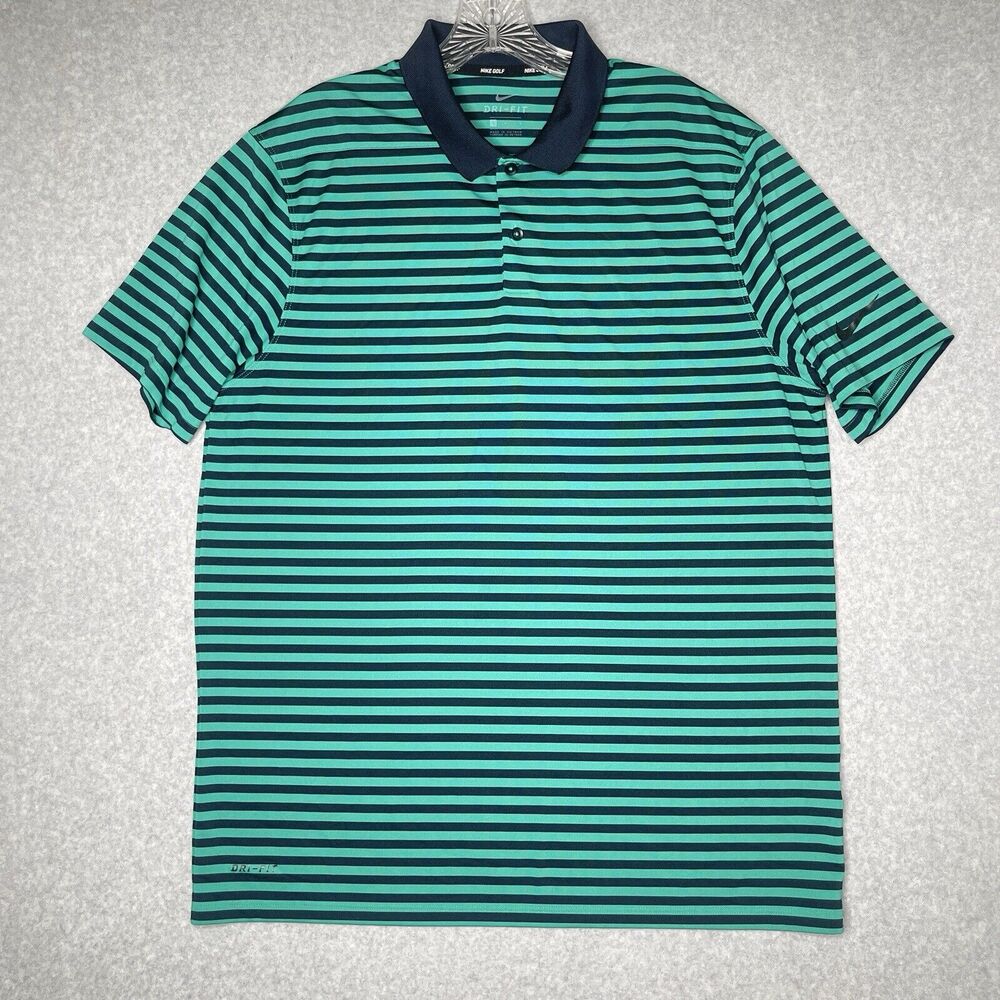 Nike Golf Polo Shirt Men's Large Green Blue Striped Short Sleeve Dri-Fit